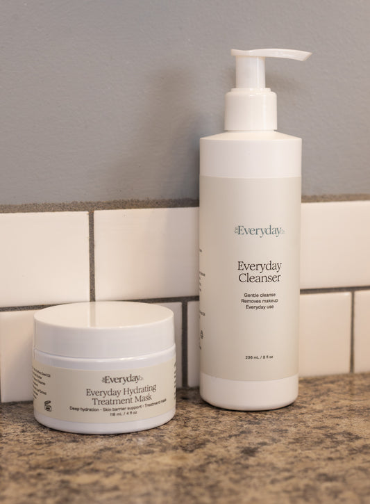 Two skincare products, 'Everyday Cleanser' and 'Everyday Hydrating Treatment Mask', on a bathroom counter.